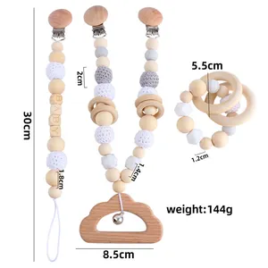 DIY baby pacifier clip and wooden teether set with crochet beads and rattle ring