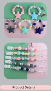 Detail of star-shaped silicone teether and beaded pacifier clips in pastel colors