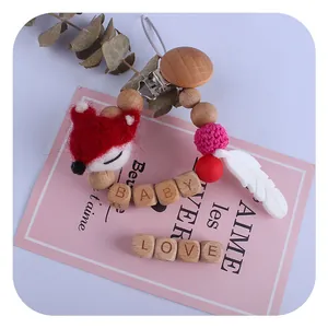 Handmade beech wood letter beads pacifier clip with fox charm and pink crochet ball
