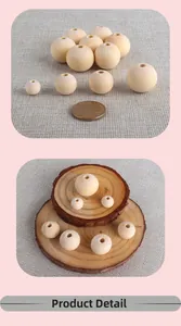 Macro detail of natural unfinished wooden beads in various sizes for DIY jewelry making