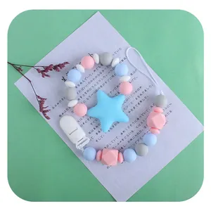 Baby silicone pacifier clip with colorful beads and a blue star-shaped teething pendant