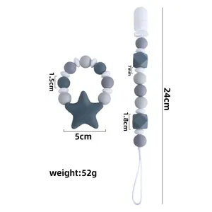 Silicone baby teether ring with star pendant and pacifier clip set in grey tones