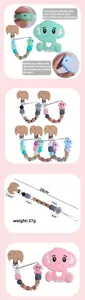 Detail of elephant silicone teether and beech wood beaded pacifier clip with size labels