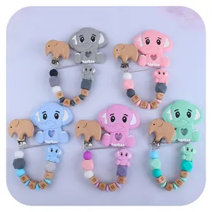 Elephant Baby Teether With Beech Wood Pacifier Clip Silicone Beads Letter Soothing Toy Food Grade Silicone Teething Accessory Set