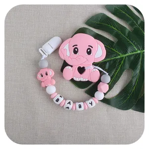 Massaggiagengive elefante rosa in silicone con perline alfabeto e clip per ciuccio