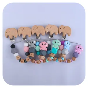 Beech wood elephant pacifier clips with silicone beads and BABY letter wooden beads