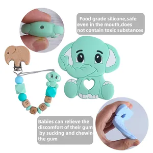 Beech wood elephant baby pacifier clip with silicone teething toy and letter beads