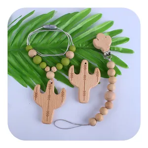 Beech Wood Cactus Pacifier Clip Silicone Beads Baby Teether Necklace Nursing Molar Toy Anti Drop Chain Infant Accessories