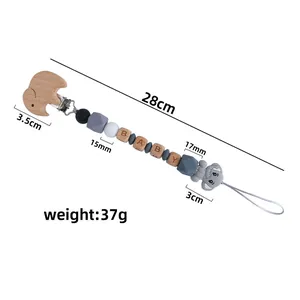 Beech wood elephant pacifier clip with silicone beads and BABY letter beads 28cm