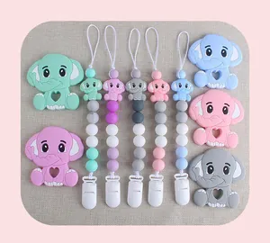 Detailed set of colorful elephant silicone teethers and matching beaded pacifier clips
