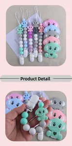 Detail showing silicone elephant teether and macaron beaded pacifier clip with plastic buckle