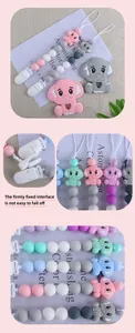 Detail showing secure interface and silicone elephant teether with beaded pacifier chain