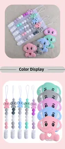 Detailed color display of silicone elephant baby teethers and beaded pacifier clips