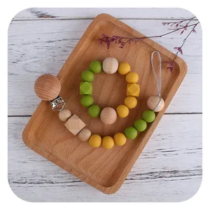 Baby Pacifier Clip And Teether Bracelet Set Silicone Beech Wood Beads Soothing Toy For Infants BPA Free Neutral Colors
