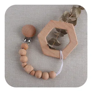 Set anneau de dentition hexagonal en hêtre naturel et attache-tétine sur lin
