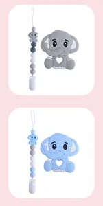 Detail of elephant silicone teether and matching pacifier clip set in blue and grey