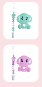 Detail of elephant silicone teether with beads chain and plastic clip for babies