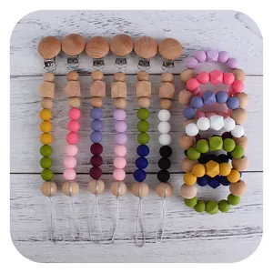 Baby beech wood and silicone pacifier clip set with teething ring in macaron colors