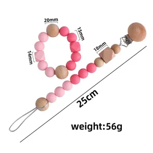 Beech wood and pink silicone bead baby pacifier clip and teething bracelet set with dimensions