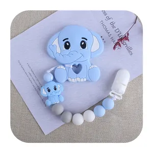 Blue elephant silicone baby teether with beaded pacifier clip chain on neutral background