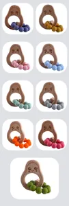 Vue détaillée de 9 bracelets de dentition en silicone coloré avec pendentif avocat en hêtre