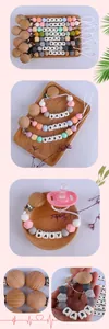 Detail of colorful silicone and beech wood baby pacifier clip with BABY letter beads