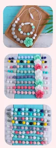 Close-up of food-grade silicone rose chew necklaces and macaron beads in various colors