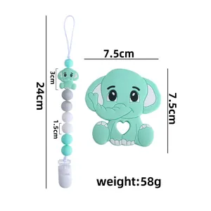 Silicone elephant baby teether set with matching pacifier clip and length dimensions