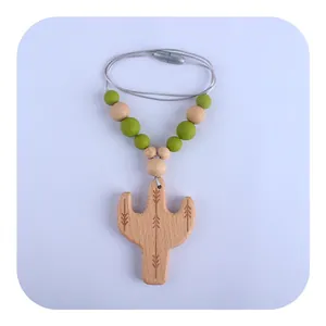 Cactus beech wood teething necklace with green silicone beads and safety clasp