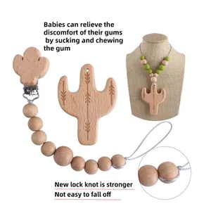 Natural beech wood and silicone cactus teething set with pacifier clip and necklace
