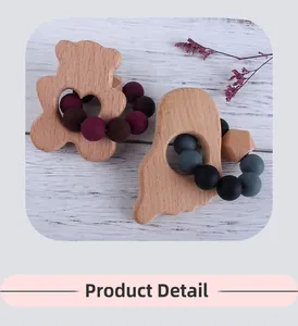 Detailed view of baby teething bracelets made of beech wood and colorful silicone beads