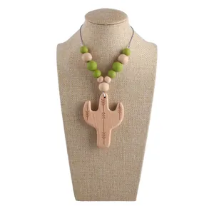 Cactus wooden nursing necklace with natural beech wood beads and green silicone accents