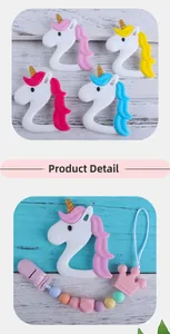Dettaglio del massaggiagengive a unicorno e catenella portaciuccio con corona in silicone