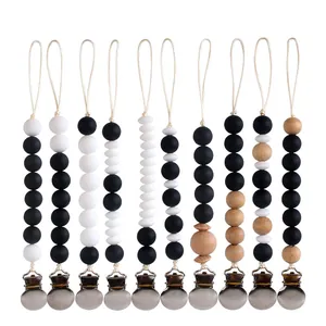 Baby pacifier clips set with silicone and beech wood beads and secure metal buckles