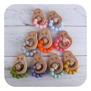 Lot de 9 anneaux de dentition bébé en bois de hêtre et silicone forme avocat coloré