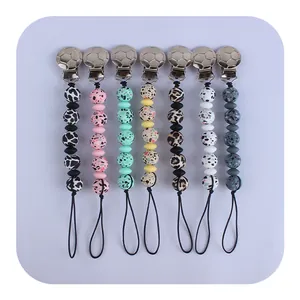 Baby Silikon Schnullerkette Mit Fußballmuster Metallclip Leopardenmuster Perlen Beißring Kette Für Kleinkinder Schnuller Anti-Verlust Gurt