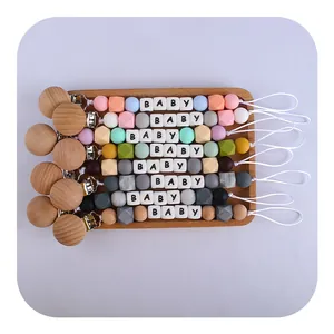 Custom beech wood and silicone baby pacifier clip set with colorful beads and BABY letters