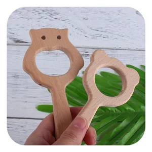 Hochet de Dentition en Bois de Hêtre pour Bébé Forme Chouette Ours Bois Naturel Jouet de Préhension Montessori pour Nouveau-né