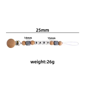 Handmade beech wood and silicone baby pacifier clip with gray beads and BABY letters