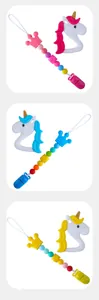 Dettaglio dei massaggiagengive in silicone a unicorno e catenelle per ciuccio colorate