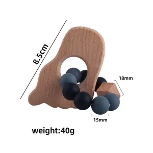 DIY beech wood and silicone baby teething bracelet with cartoon beads, 8.5cm length