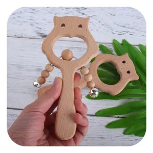 Hochet de Dentition en Bois de Hêtre Naturel pour Bébé Formes de Hibou et Ours Brun Avec Grelots Métalliques Jouet Sensoriel Montessori pour Nourrissons