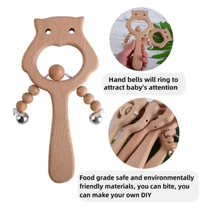 Hochet bébé en bois de hêtre motif hibou et anneau de dentition naturel pour nourrissons