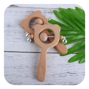Set de hochet bébé en bois de hêtre naturel avec anneau de dentition forme d'ours