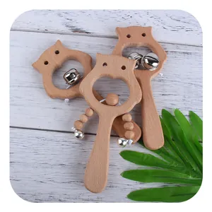 Lot de 3 hochets bébé en bois de hêtre forme hibou avec clochettes pour l'éveil sensoriel