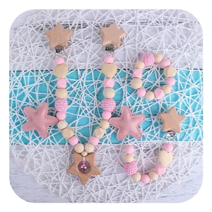 Baby Teether Pacifier Clip Stroller Hanging Toy Beech Wood Silicone Molar Bracelet Soothing Sensory Toy Star Heart Gift