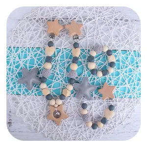 Baby wooden rattle star and pacifier clip set with grey silicone beads and star teether