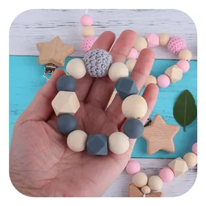 DIY baby rattle star pacifier chain set with natural wood and food grade silicone beads