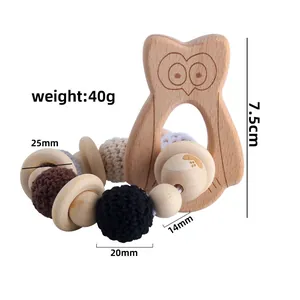 Anneau de dentition hibou en bois de hêtre avec perles en tricot et dimensions
