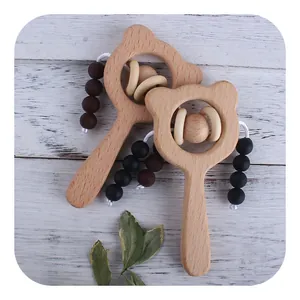 Cartoon Bear Beech Wood Baby Rattle Silicone Beads Teether Montessori Grasping Toy Developmental Sensory Sounding Toy For Infants